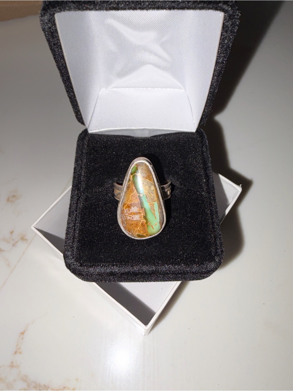 Sterling Silver Brown and Green Turquoise Teardrop Ring